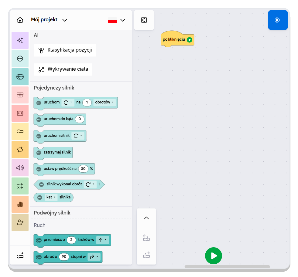 Ekran programowania w aplikacji Coding Canvas z polskimi blokami