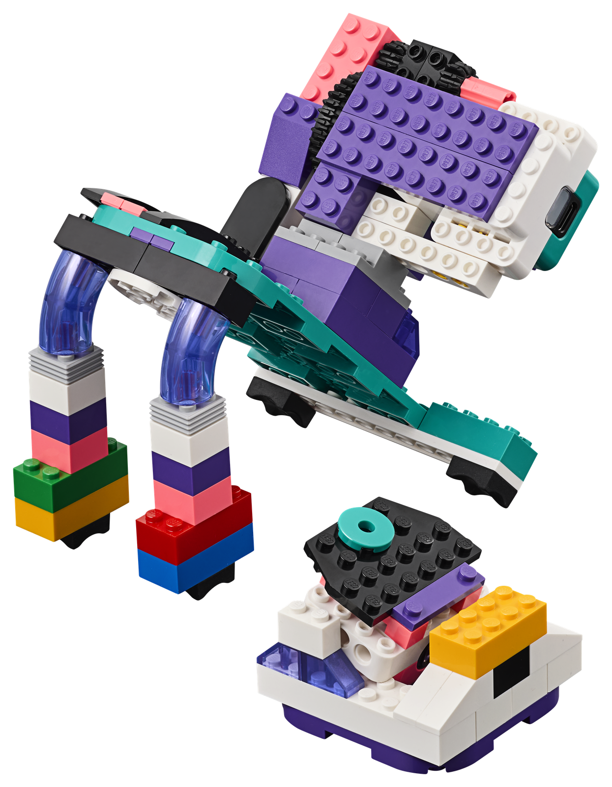Robot z zestawu LEGO Education Informatyka i AI 8+ zbudowany z kolorowych klocków