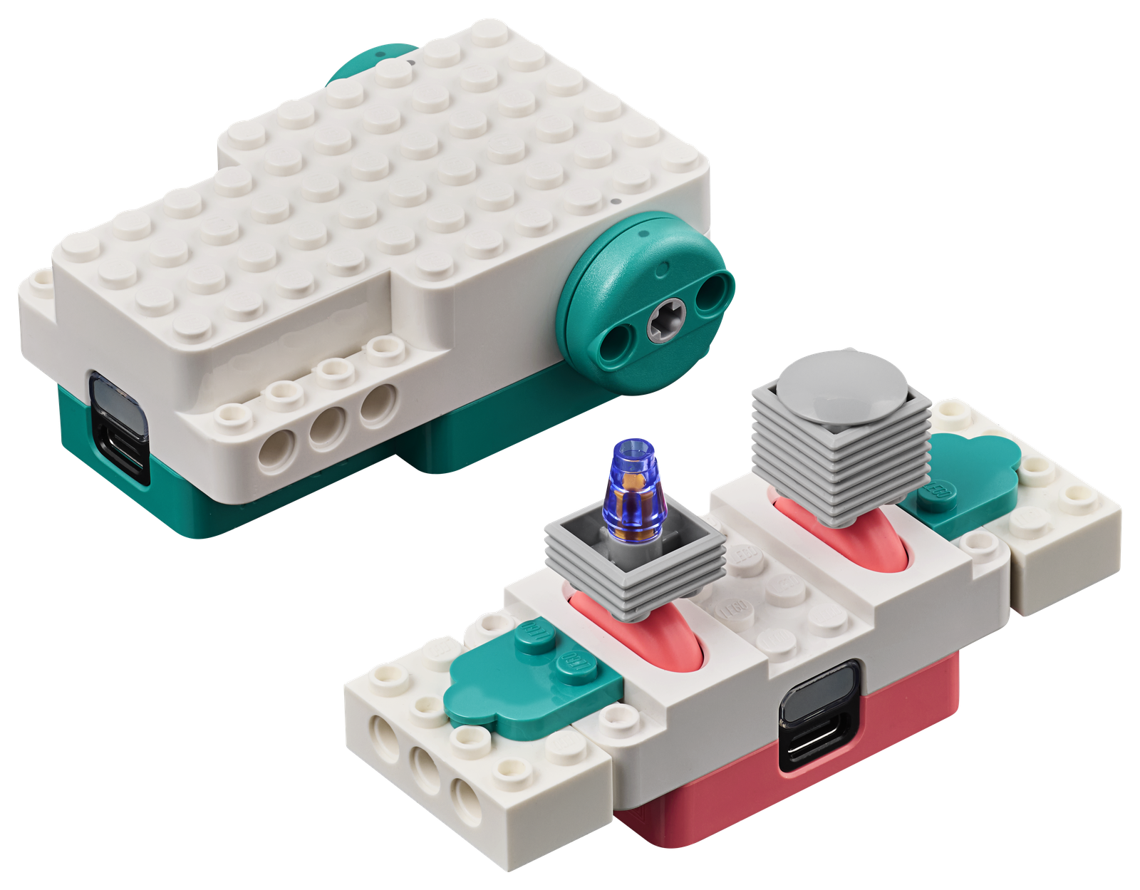 Silnik, czujnik kolorów i karta połączeniowa z zestawu LEGO Education Informatyka i AI 8+